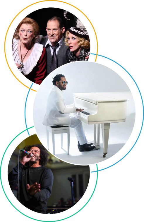 A collage of three photos showing performers in a theater musical, an African American man in a white suit playing a white piano, and a man with a microphone.