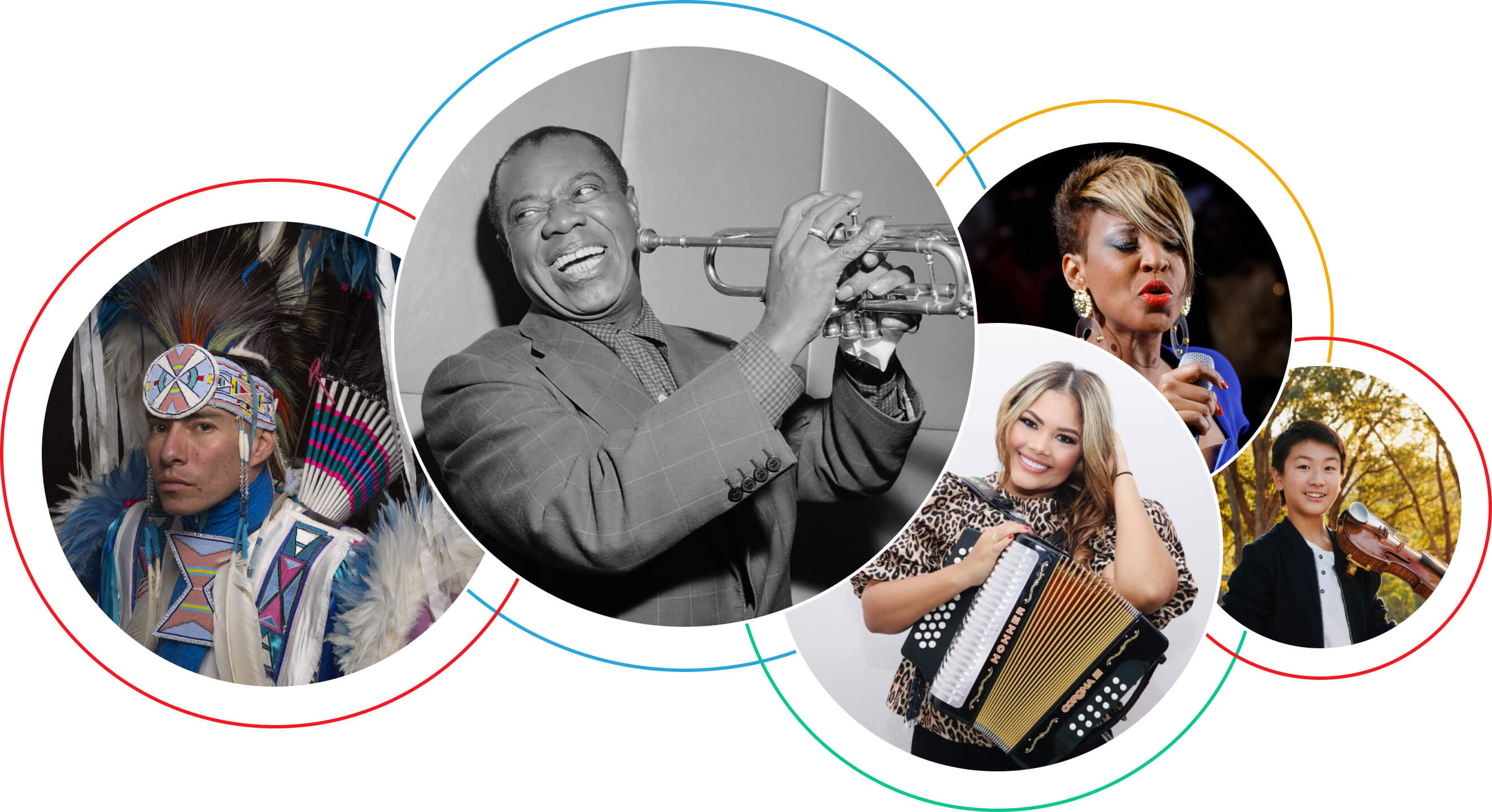 Collage of 5 images showing various musicans, including Louis Armstrong, a Native American, a African American singer, a violinist, and an accordionist.